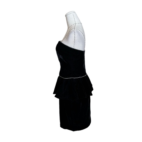 Vintage 80s A. J. Bari Saks Black Velvet Peplum Rhinestone Trim Strapless Dress - Picture 7 of 10